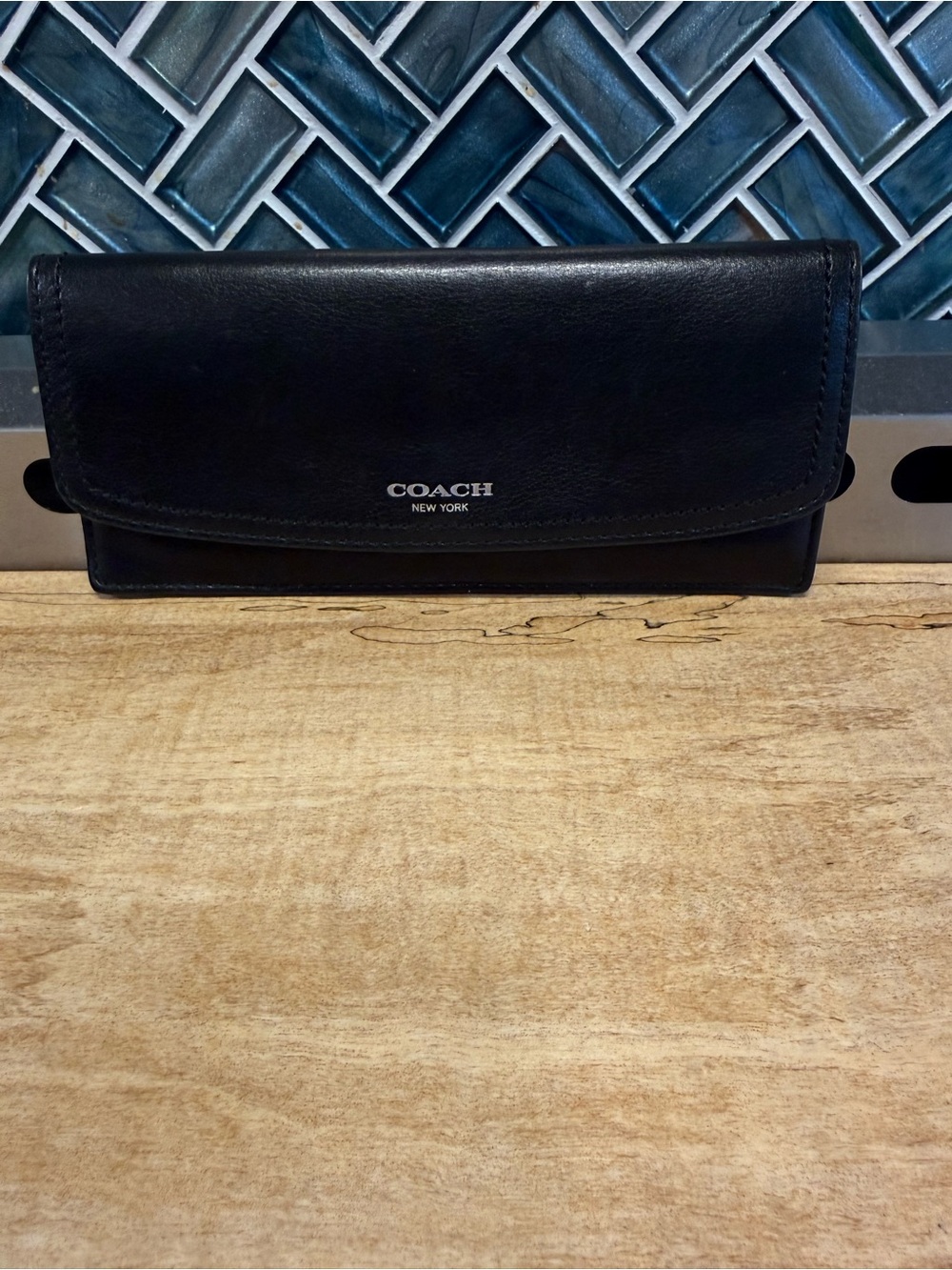 Coach Black Leather Continental Wallet with Silver Logo
